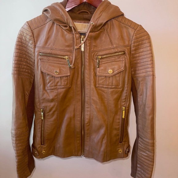 Michael Kors Tan Leather moto Jacket with Gold Accents Small - Picture 1 of 6